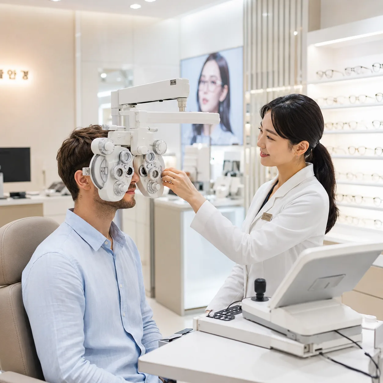 An international customer receiving an eye examination at an optician in Korea