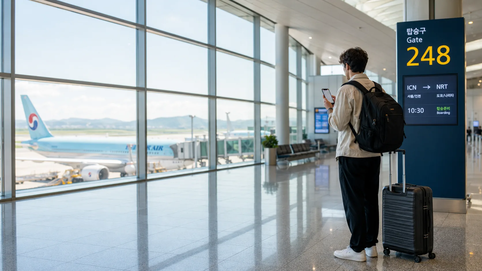Traveler using a phone at a Korean airport