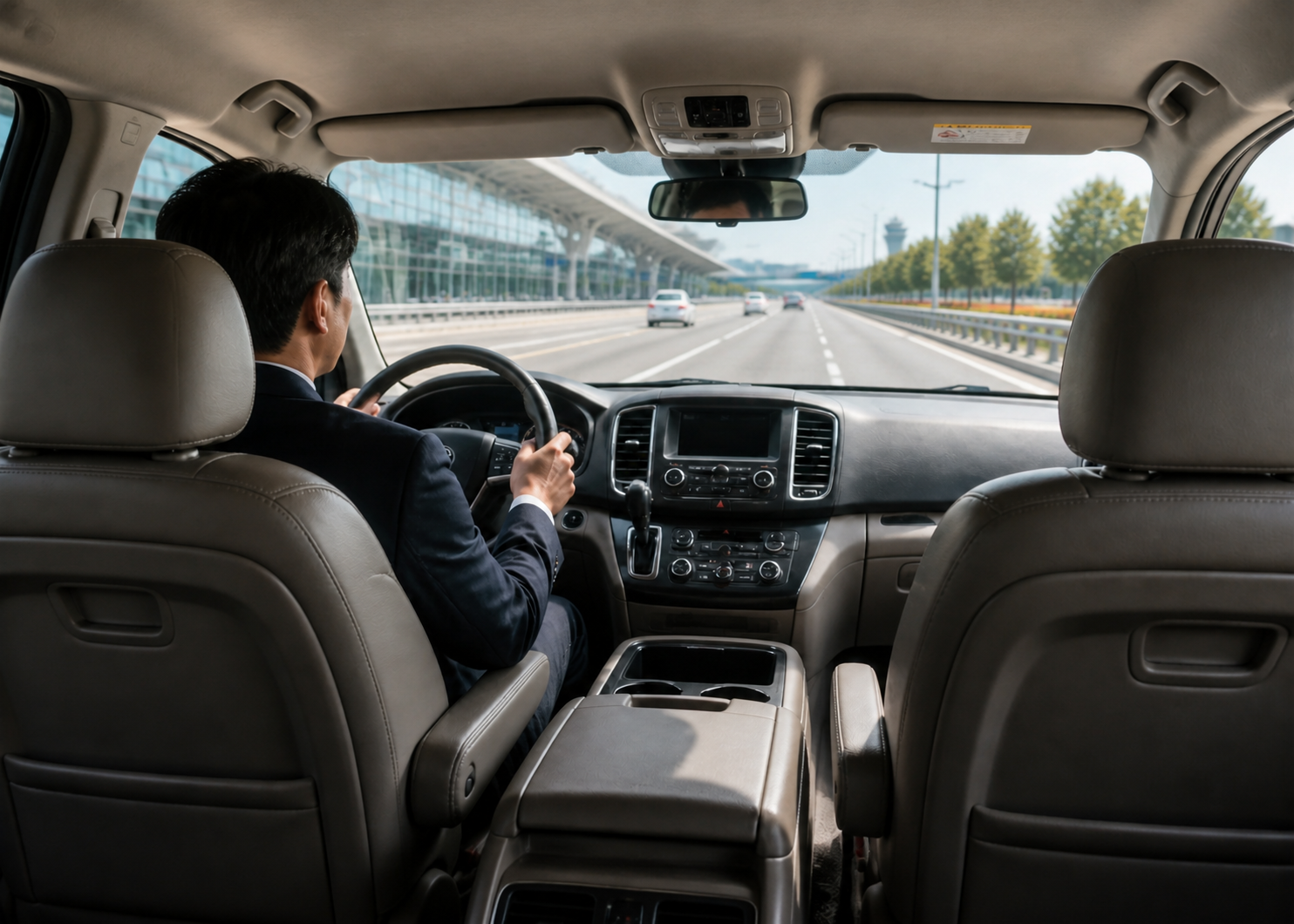 Rear-seat view toward a Korean transfer driver and the airport exit road
