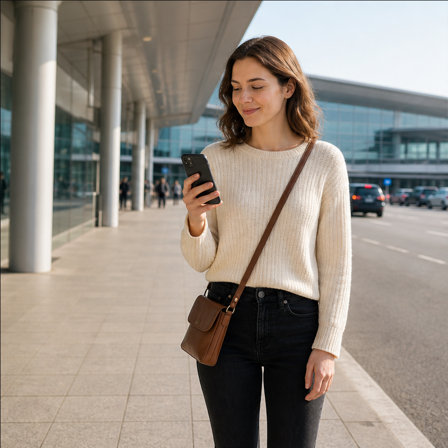 Traveler checking pickup details outside an airport arrivals hall